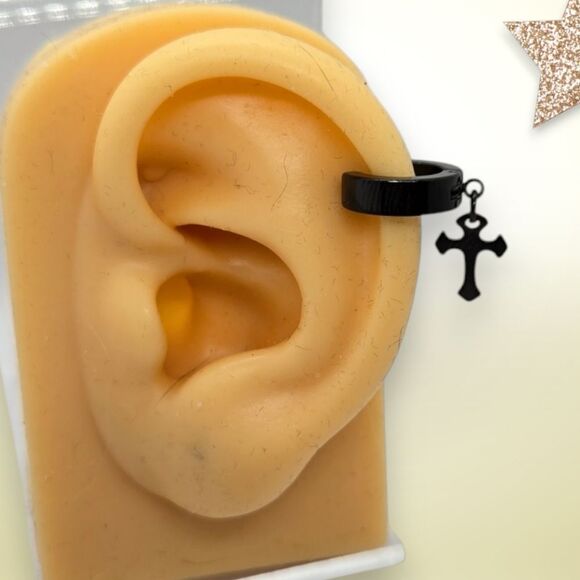 Men's Stainless Steel Cross Huggie Hoop Earring Black Dangle Clip On Jewelry NEW - Picture 3 of 5